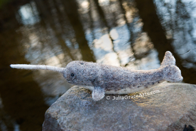 Needle felted narwhal sculpture