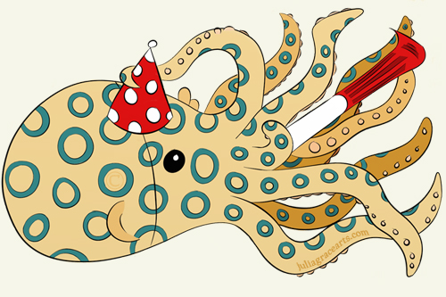 A digital drawing of an octopus with a party hat using ArtRage