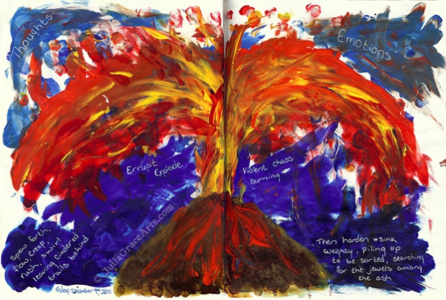 Art Journaling Page With Acrylic Painting of Volcano