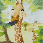 Watercolor painting of giraffes in Africa