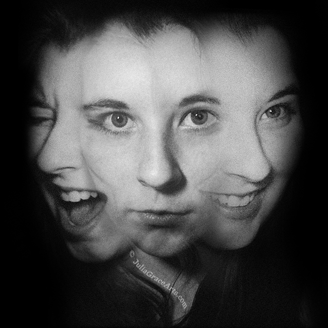 Triple exposure portrait of emotional faces smiling, screaming, and neutral