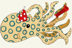 A digitally drawn cartoon style ringed octopus with a noise maker, wearing a party hat.