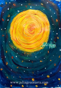 Acrylic painting of the sun in space in a style reminiscent of Van Gogh