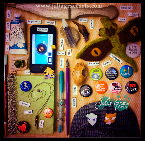 A photograph of a collection of items that represent Julia Grace