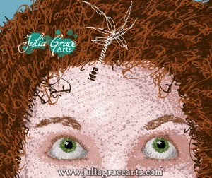 A detail of a digital art piece of a girl surrounded by dandelion seeds made completely of text