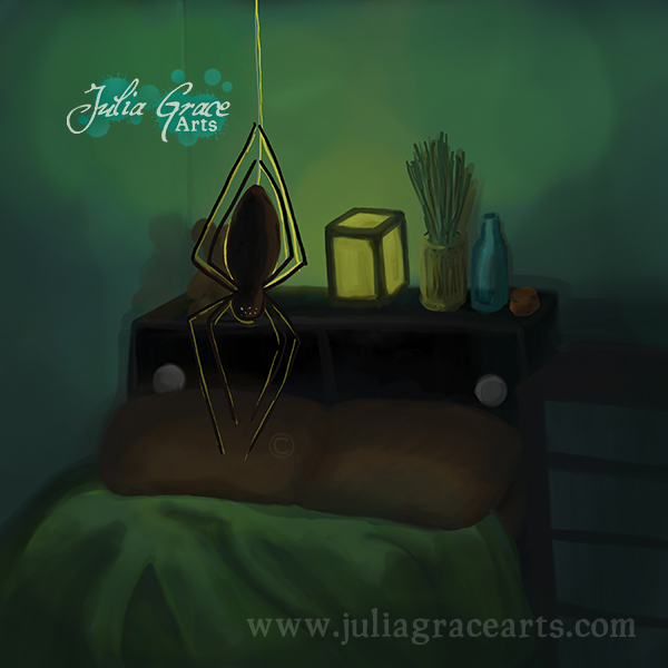 A digital painting of a spider hanging above a bed using ArtRage