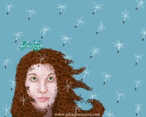 A digital art piece of a girl surrounded by dandelion seeds made completely of text
