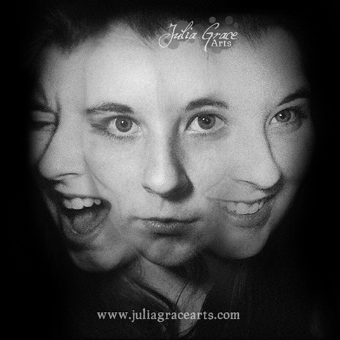 Triple exposure portrait of smiling, screaming, and neutral faces