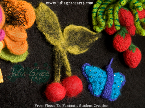 Needle Felted Cherries attached to a purse