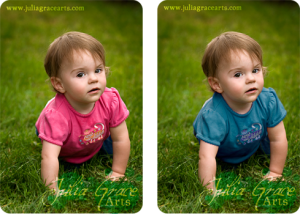 Digitally changing the shirt color on a toddler