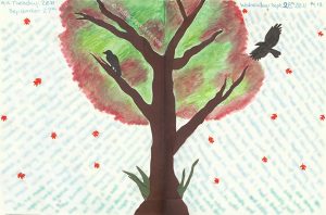 Art Journaling Page With Watercolor, Paper, and Pen Tree and Crows