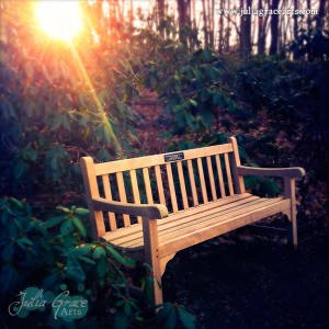 A Hipstamatic photograph of a sun ray touching a bench in remembrance of my grandfather