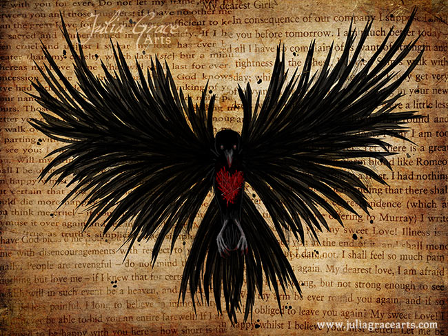 A digital painting of an artistic raven on a page of John Keat