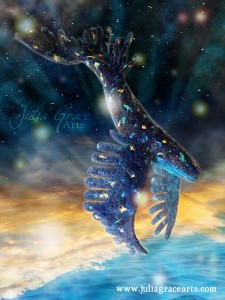 A photomanipulation and wool sculpture of a sky whale created for Neil Gaiman's Calendar of Tales project