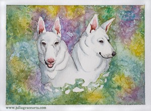 A watercolor painting of Neil Gaiman's two white german shepherds