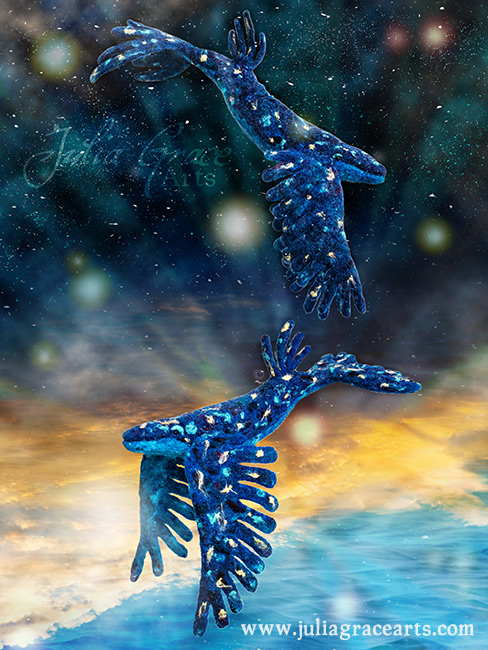 Two wool sculpture sky whales swiming in space